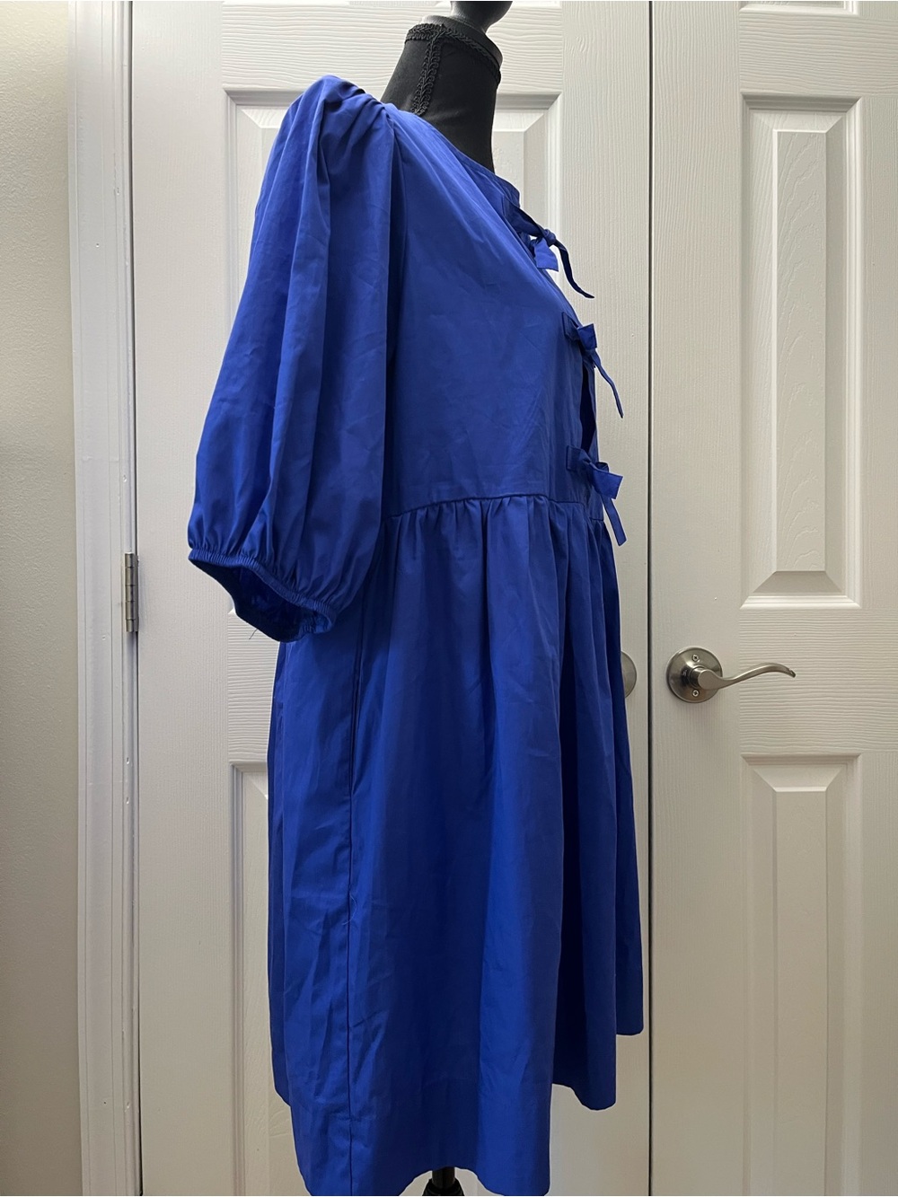 Band of the Free Blue Tie-Front Babydoll Puff Sleeve Dress w/Pockets Sz L EUC - Picture 3 of 6